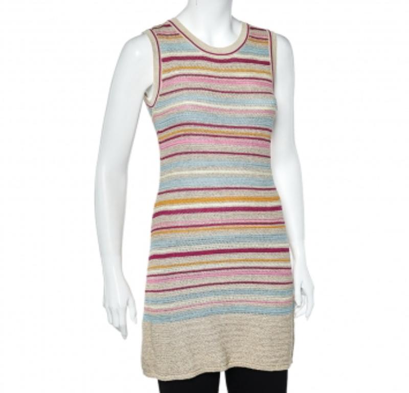 Chanel - Vestito senza maniche in maglia di cotone a righe multicolore S in vendita 1