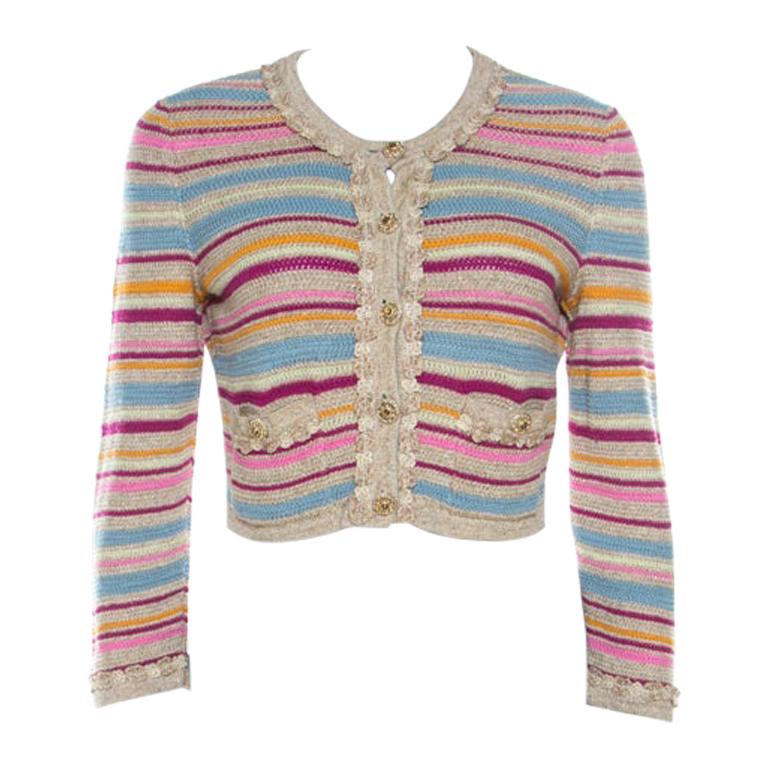 Chanel Multicolor Striped Cotton Lurex Knitted Cardigan M For Sale at ...