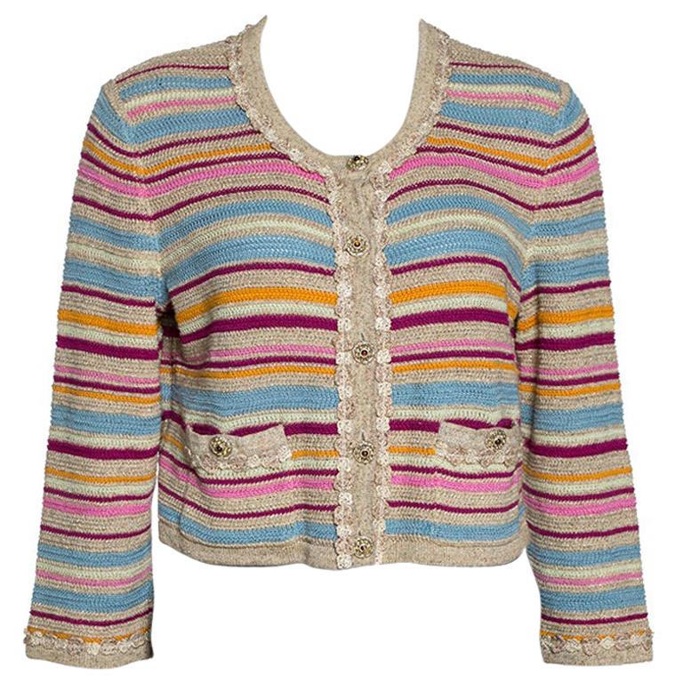 Chanel Multicolor Striped Tweed Cropped Cardigan XL