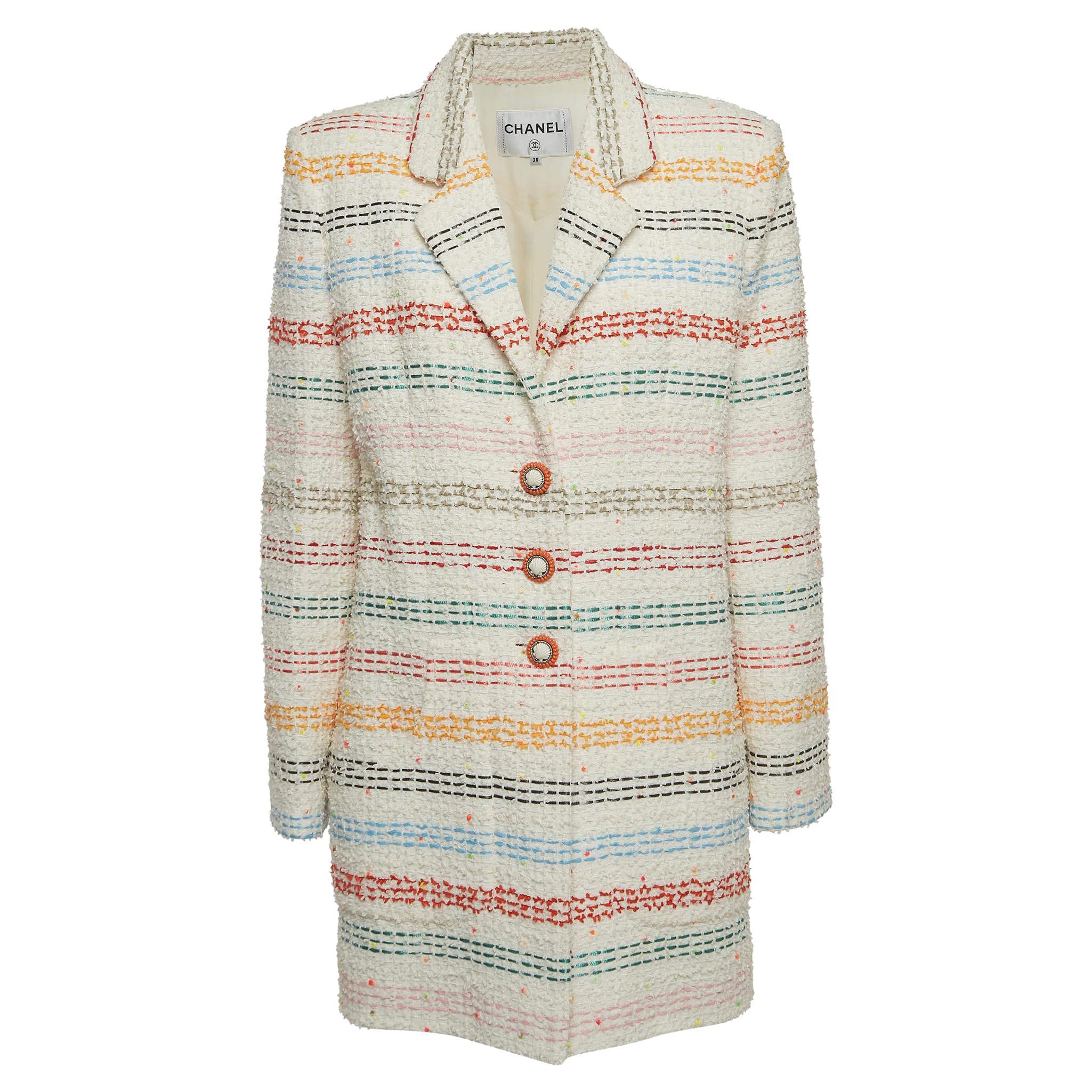 Chanel Multicolor Striped Tweed Long Jacket M For Sale
