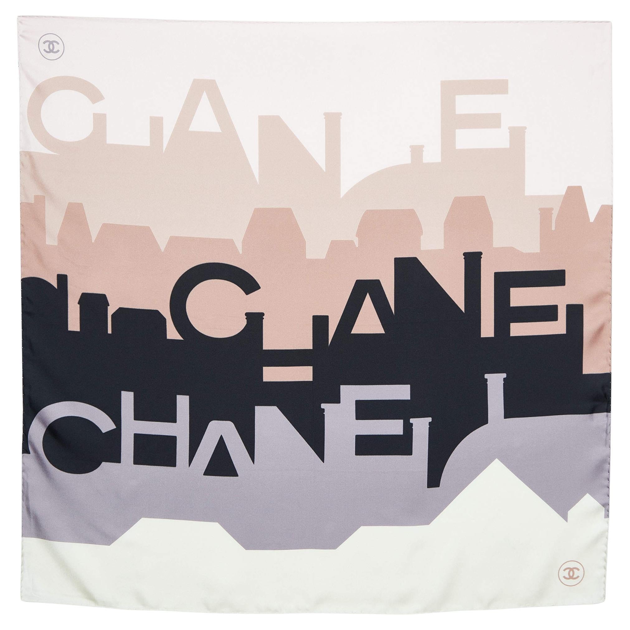 Chanel Multicolor Structural Logo Print Silk Square Scarf For Sale