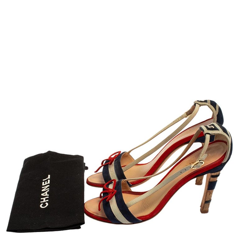 Chanel Multicolor Suede CC Bow Cork Heel Ankle Strap Sandals Size 37 at  1stDibs | chanel bow sandals, red white and blue heels