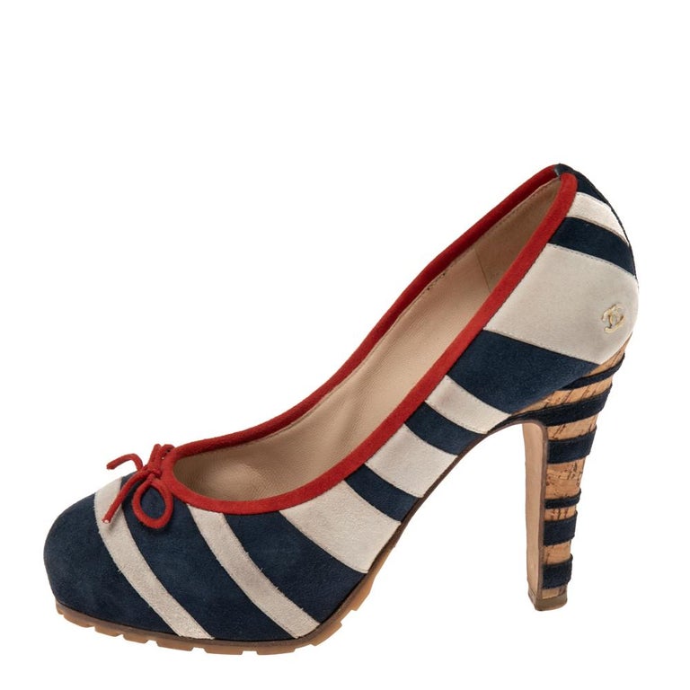 Chanel Multicolor Suede CC Striped Cork Heel Pumps Size 38