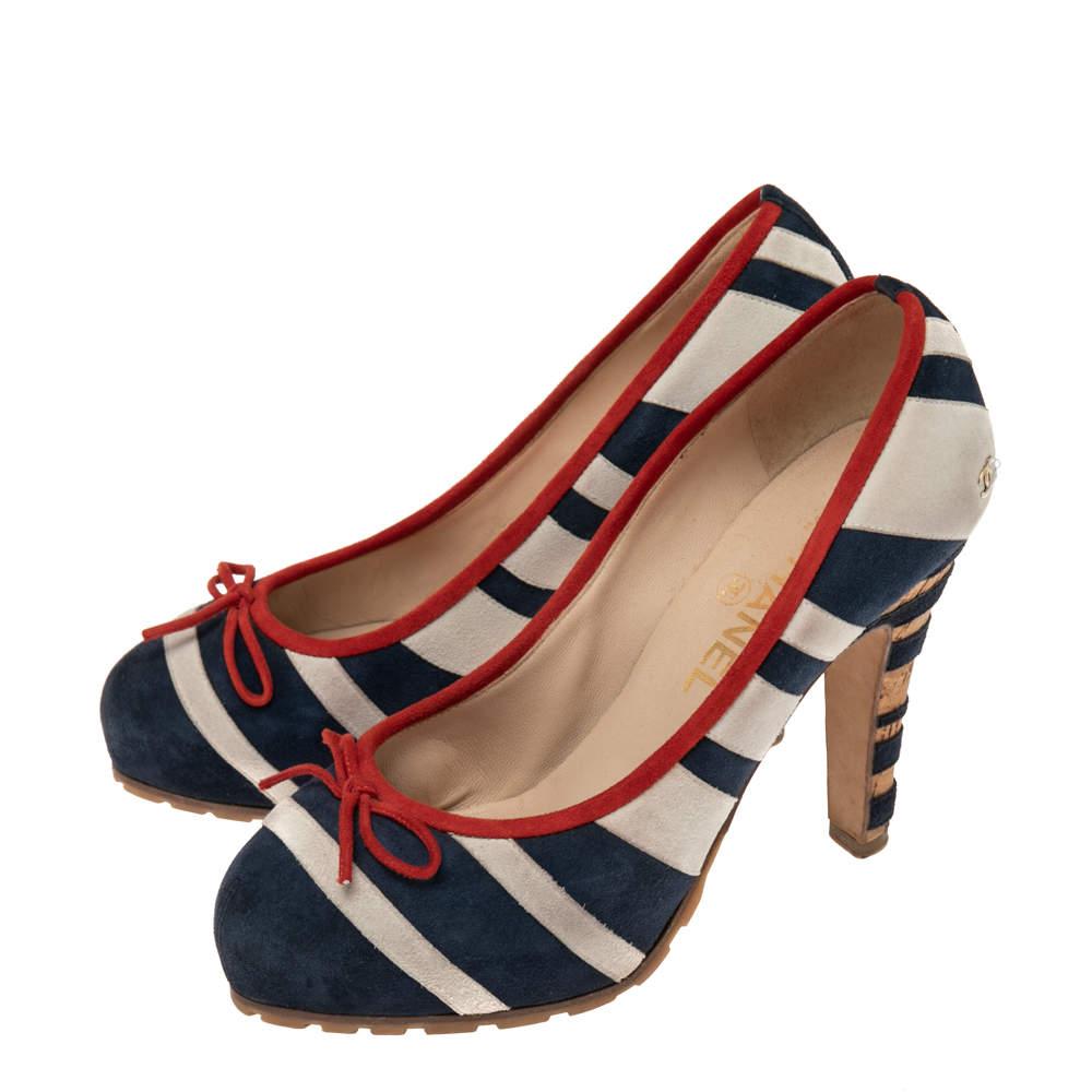 Women's Chanel Multicolor Suede CC Striped Cork Heel Pumps Size 38