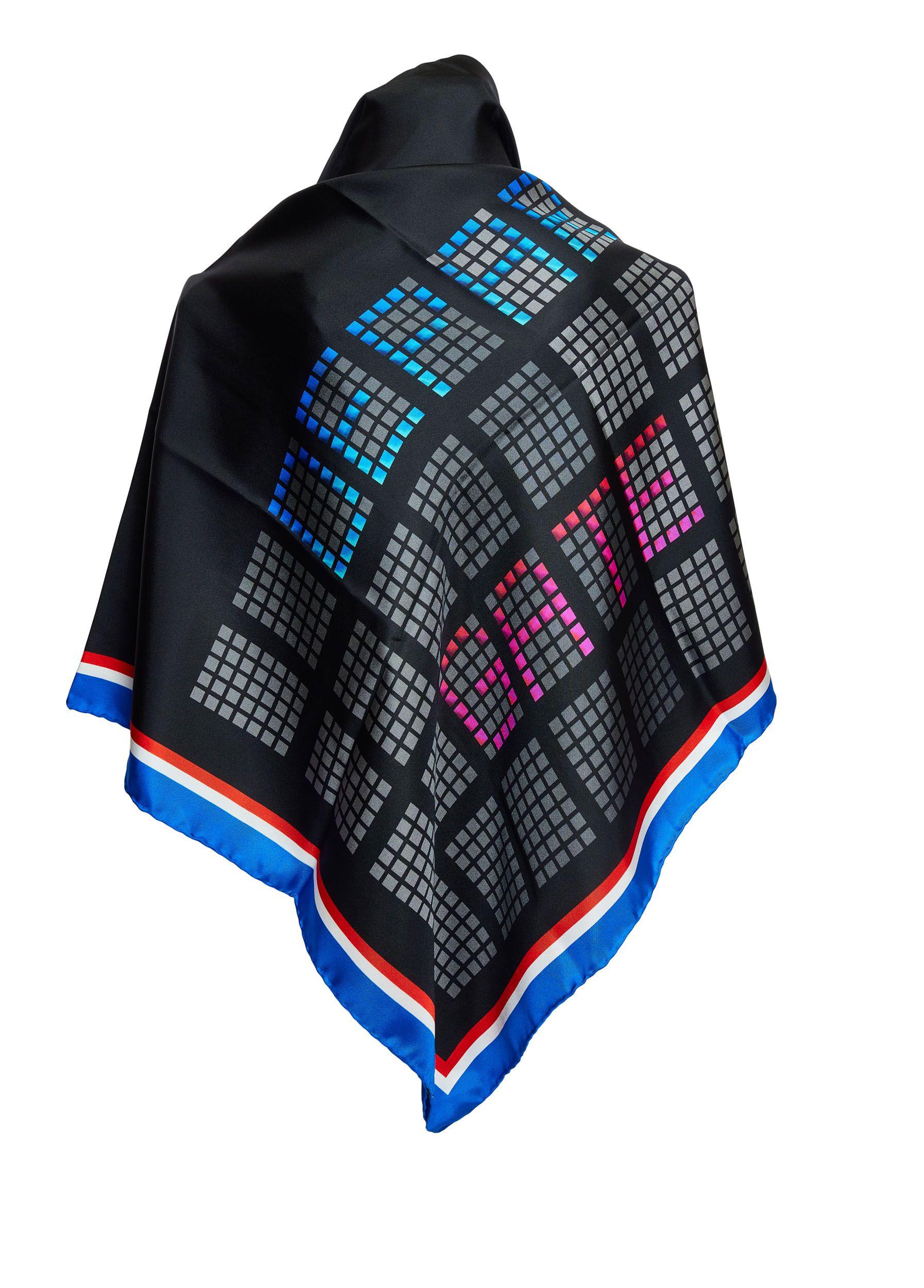 New Chanel multicolor silk scarf with grey timetable pattern and blue CC logo. 