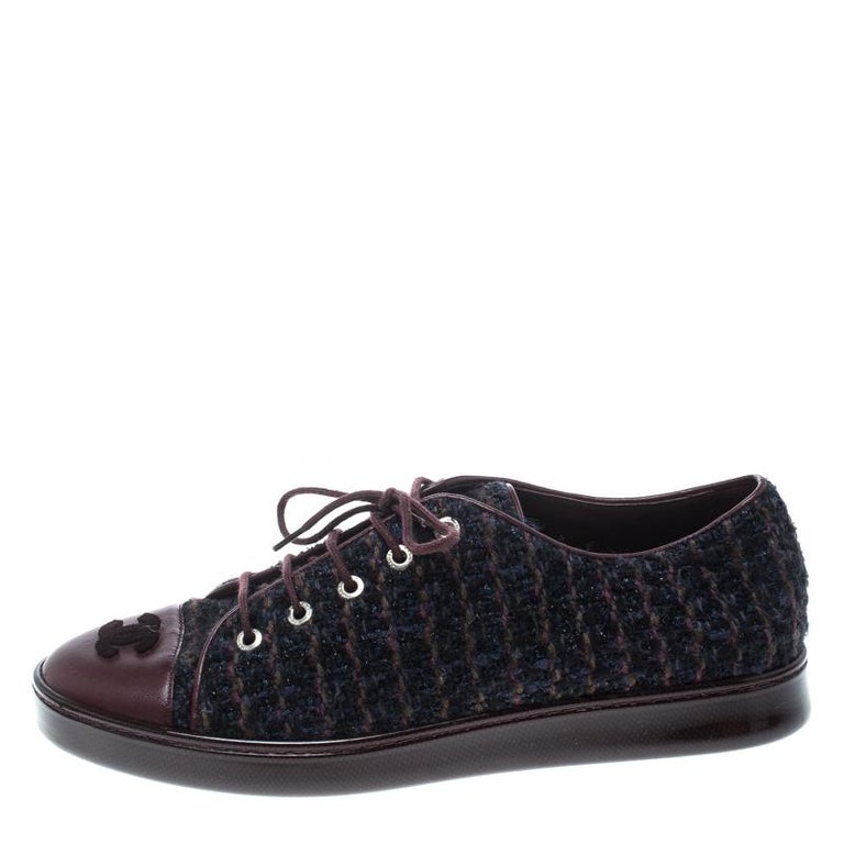 Chanel Multicolor Tweed and Burgundy Leather CC Low Top Sneakers Size ...