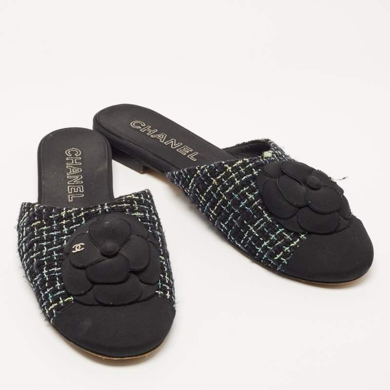 Women's Chanel Multicolor Tweed and Canvas CC Camelia Flat Mules 