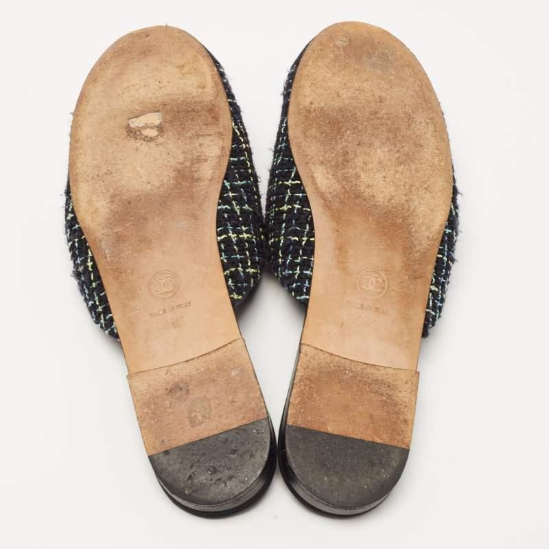 Chanel Multicolor Tweed and Canvas CC Camelia Flat Mules  5