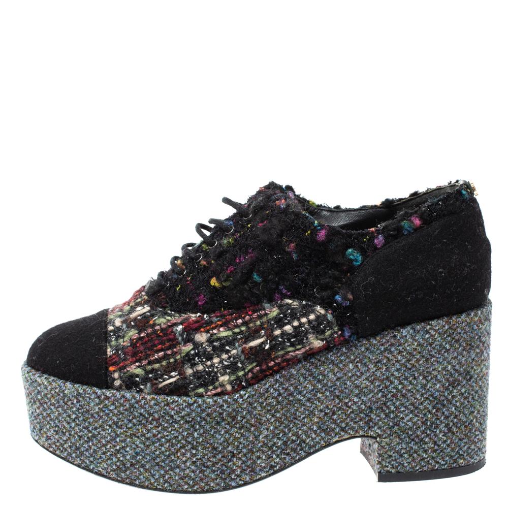 Women's Chanel Multicolor Tweed And Felt Lace Up Platform Sneaker 38.5