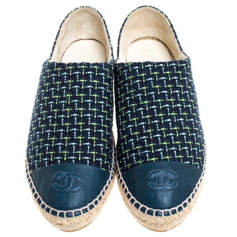 Chanel Multicolor Tweed And Leather CC Cap Toe Espadrille Flats Size 41 ...
