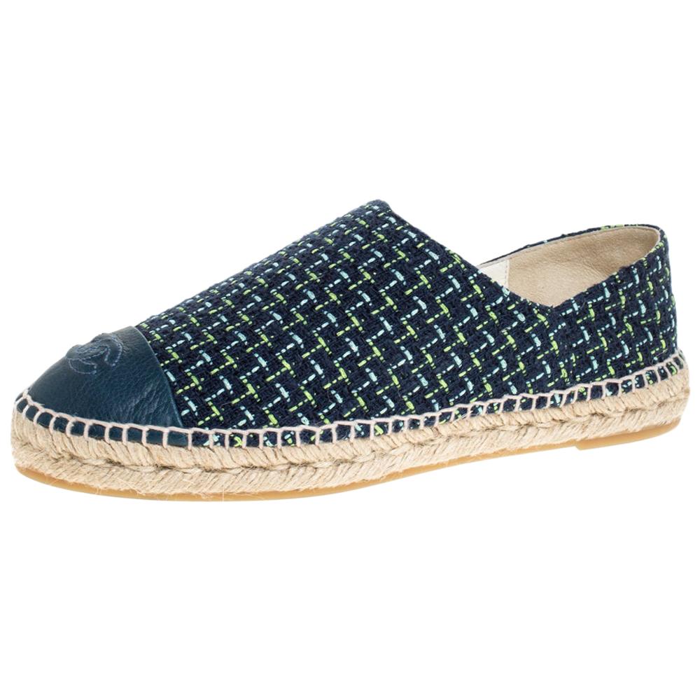 Chanel Multicolor Tweed And Leather CC Cap Toe Espadrille Flats Size 41
