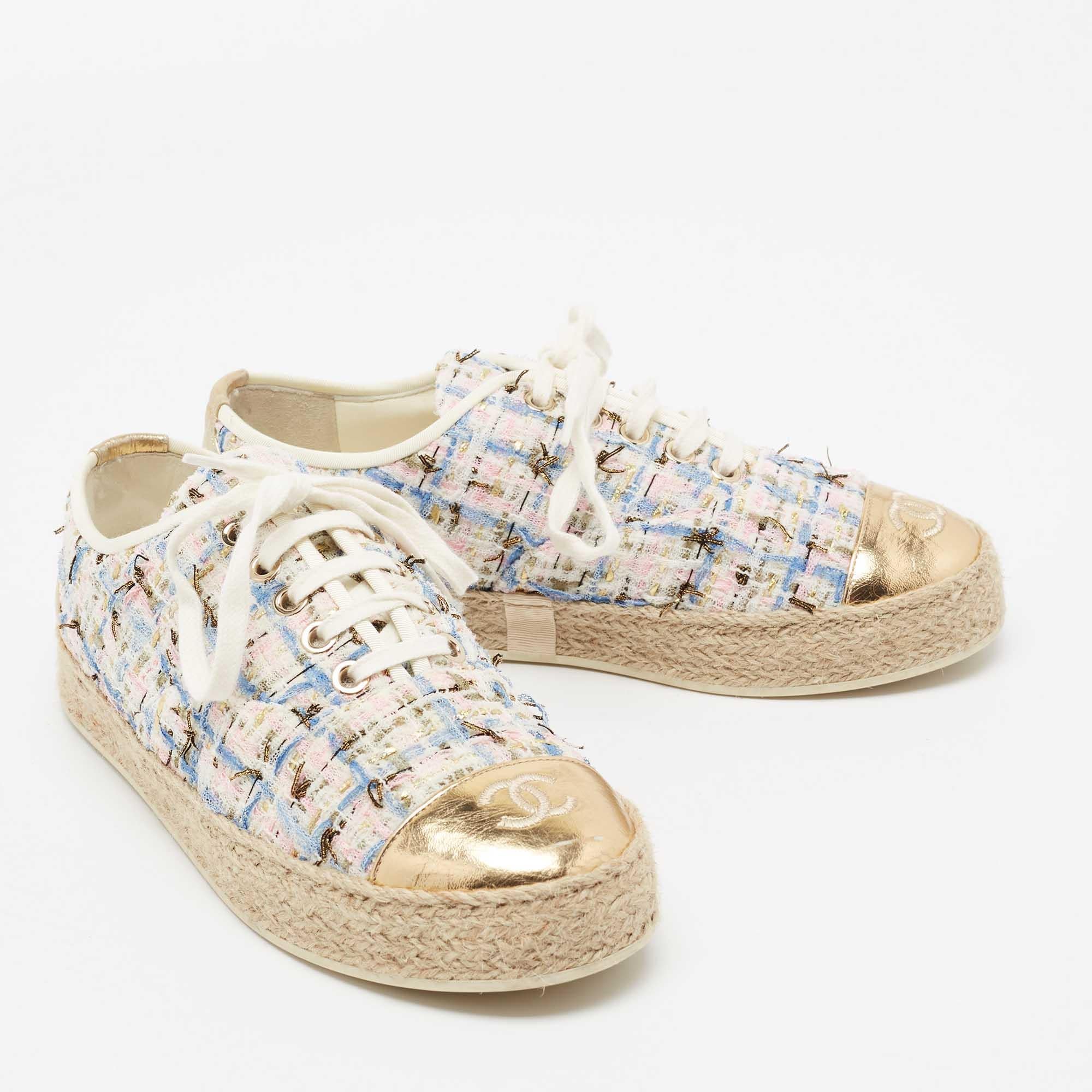 Women's Chanel Multicolor Tweed And Leather CC Cap Toe Espadrille Low Top Sneakers Size 