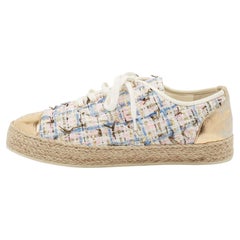 Chanel Multicolor Tweed And Leather CC Cap Toe Espadrille Low Top Sneakers Size 