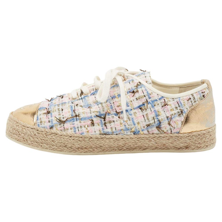 Chanel Multicolor Tweed And Leather CC Cap Toe Espadrille Low Top Sneakers  Size at 1stDibs