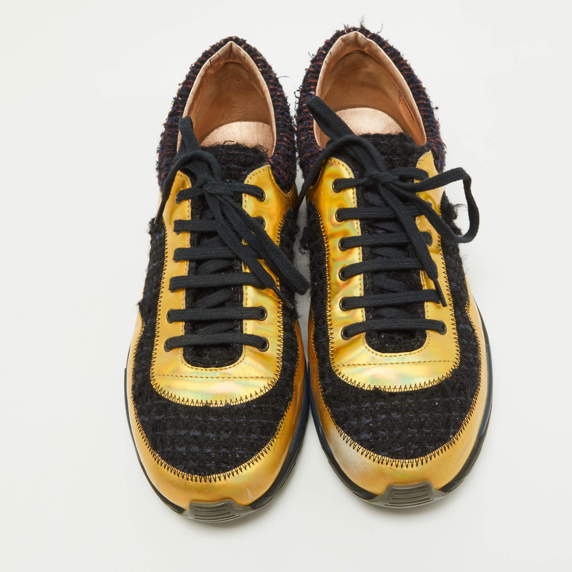 Black Chanel Multicolor Tweed and Leather CC Low Top  Sneakers Size 39