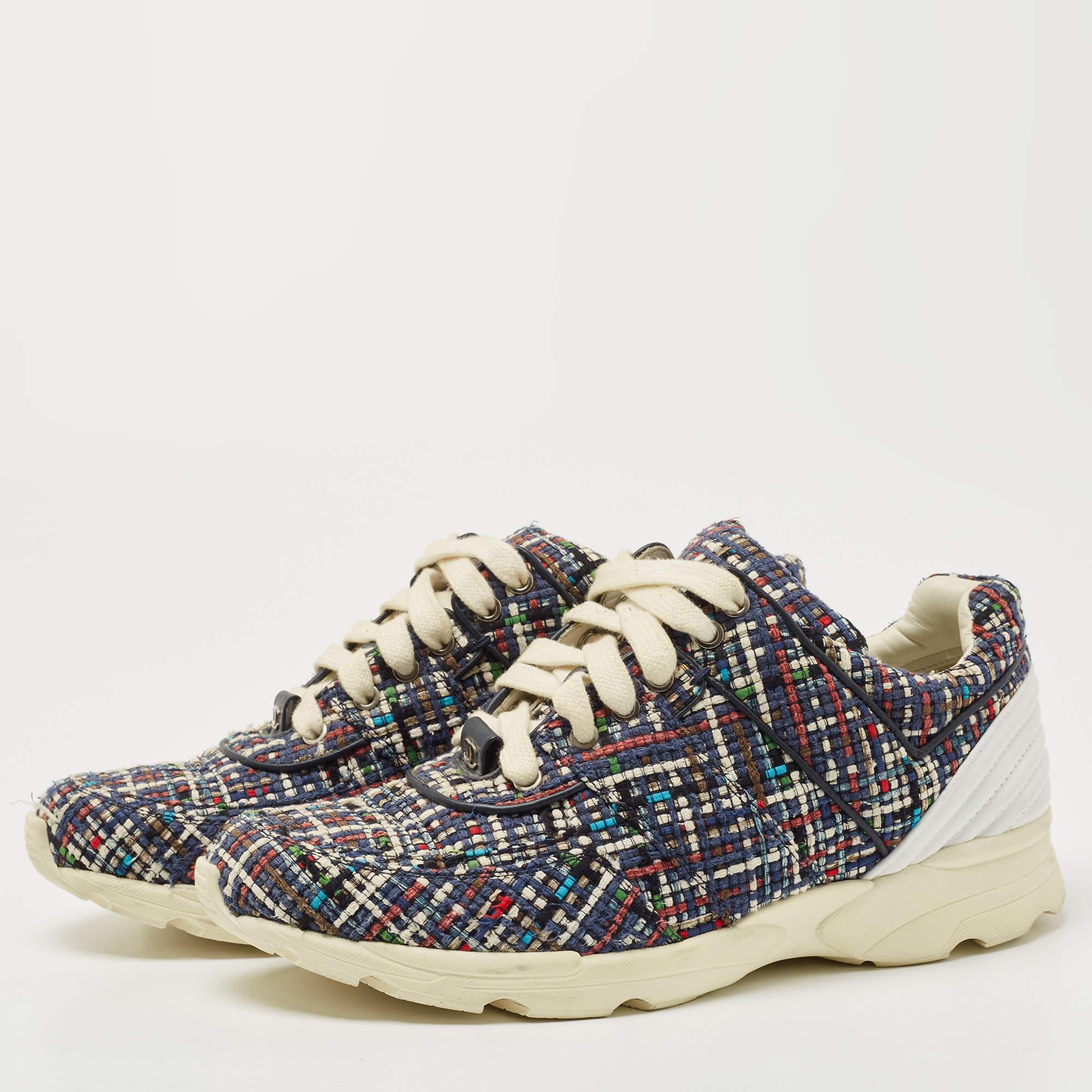 Women's Chanel Multicolor Tweed and Leather CC Low Top Sneakers Size 41.5