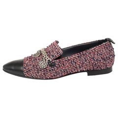 Chanel Multicolor Tweed And Leather Chain Cap Toe Smoking Slippers Size 38.5