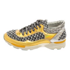 Chanel Multicolor Tweed And Leather Lace Up Sneakers Size 37