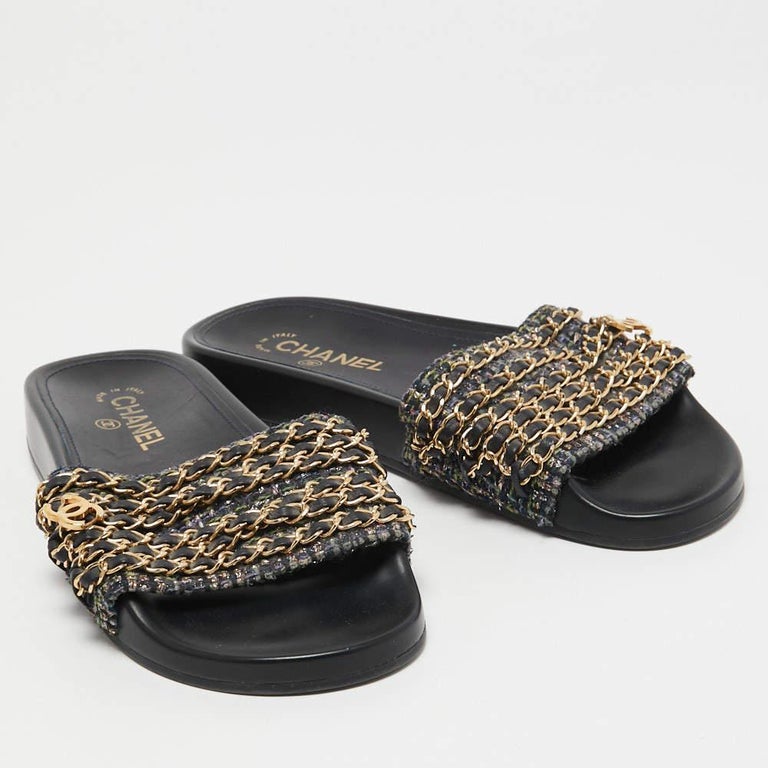 Chanel Multicolor Tweed and Leather Tropiconic Chain Slides Flats Size ...