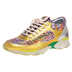 Chanel Multicolor Tweed, and Metallic Leather Lace Up Sneakers Size 37