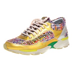 Chanel Multicolor Tweed, and Metallic Leather Lace Up Sneakers Size 37