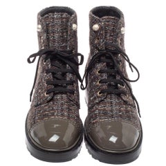 Chanel Multicolor Tweed And Patent Leather CC Cap Toe Pearl Combat Boots Size 40