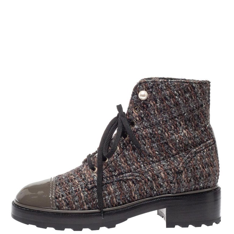 Chanel Multicolour Tweed And Patent Leather CC Cap Toe Pearl Combat Boots  Size 40 at 1stDibs