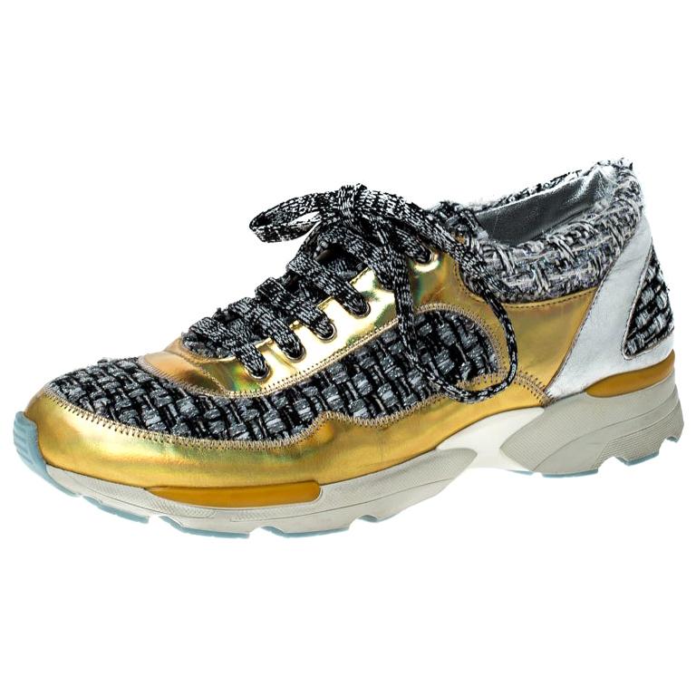 Chanel Multicolor Tweed and Patent Leather Lace Up Sneakers Size 37.5
