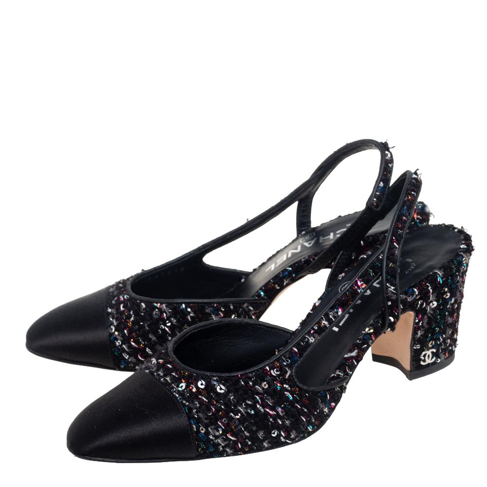 Chanel Multicolor Tweed and Satin Cap Toe Slingback Sandals Size 36.5 In Good Condition In Dubai, Al Qouz 2