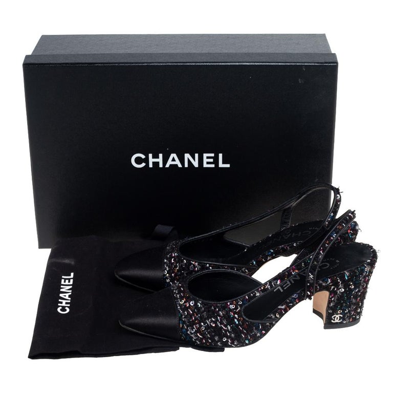 Chanel Multicolor Tweed and Satin Cap Toe Slingback Sandals Size 36.5 at  1stDibs