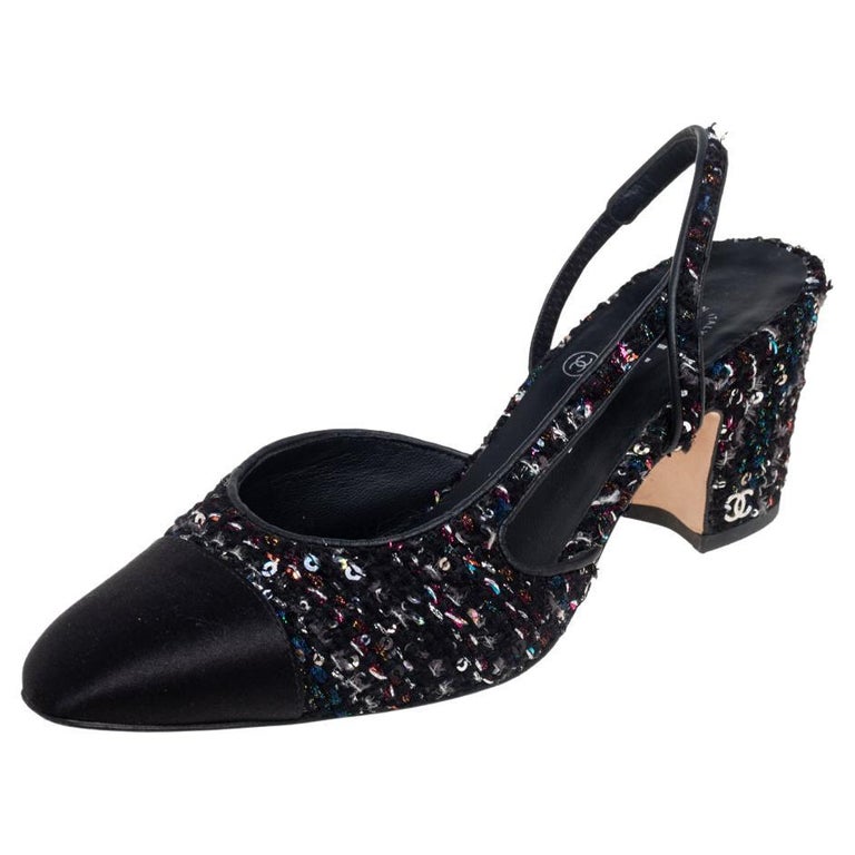 CHANEL Tweed Lambskin Crystal CC Sandals 40 Black Multicolor 1269273