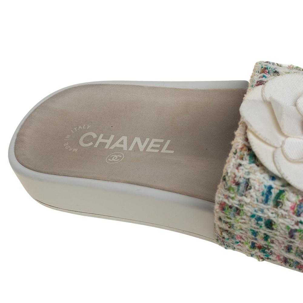 Gray Chanel Multicolor Tweed Camellia Slide Sandals Size 37