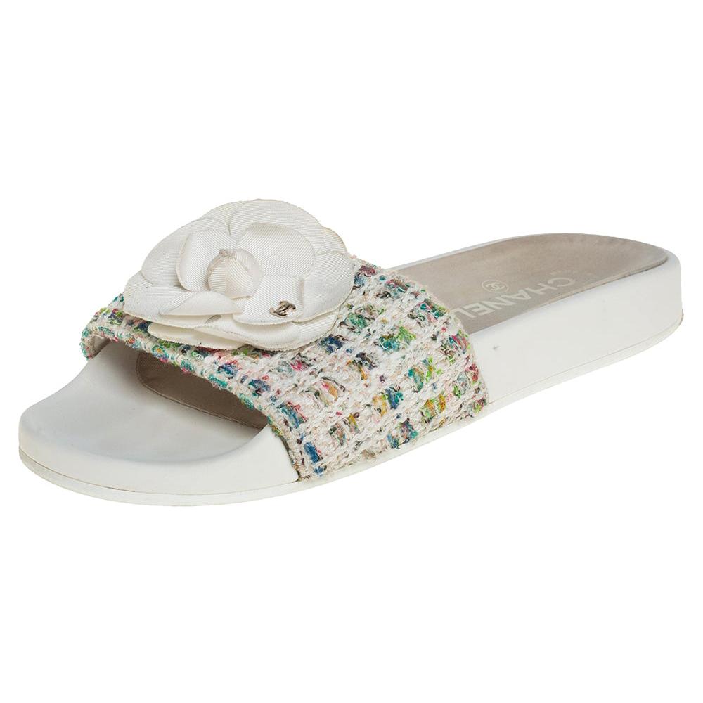 Chanel Multicolor Tweed Camellia Slide Sandals Size 37 at 1stDibs
