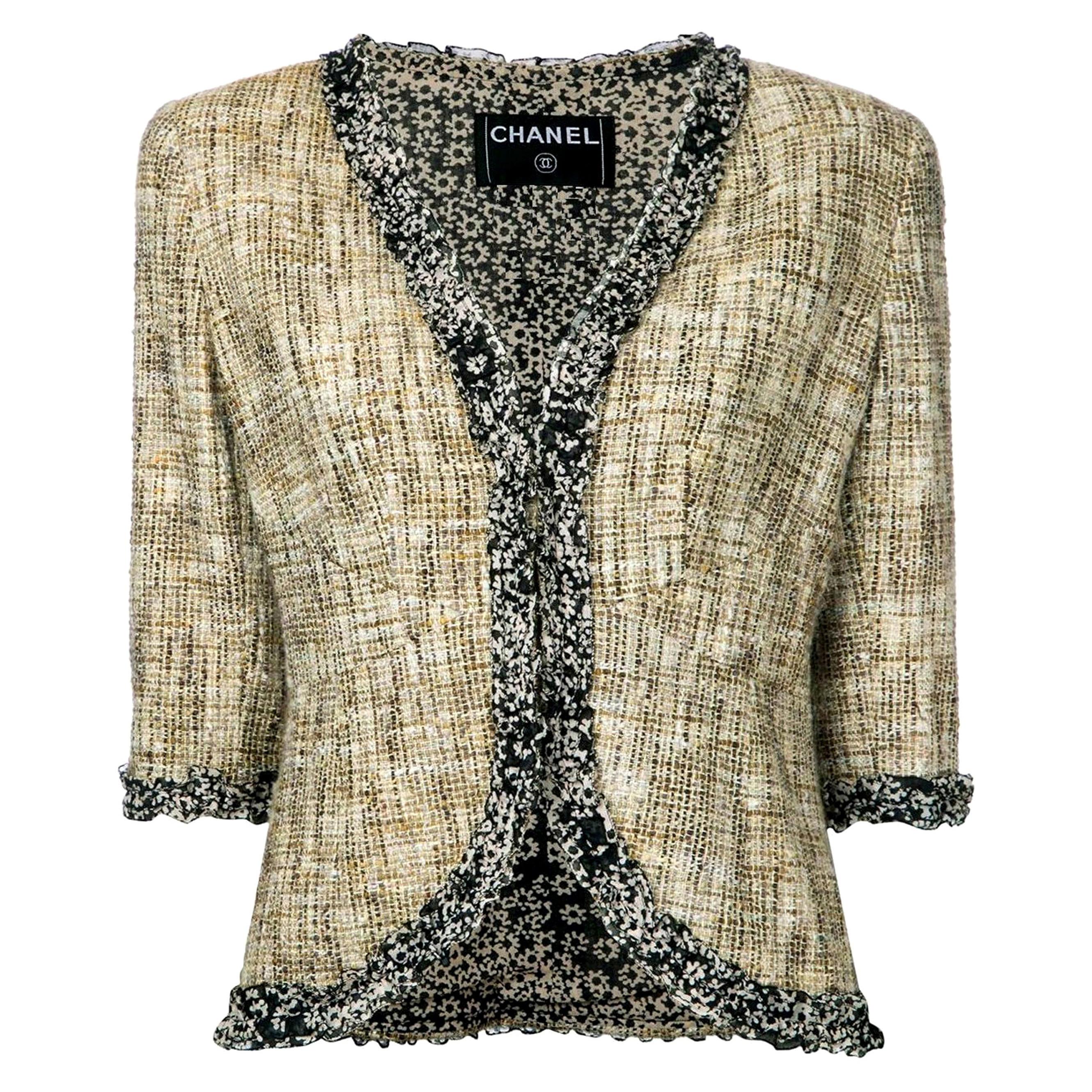 Chanel Multicolor Tweed Cropped Jacket Blazer with CC Logo Trimming at ...