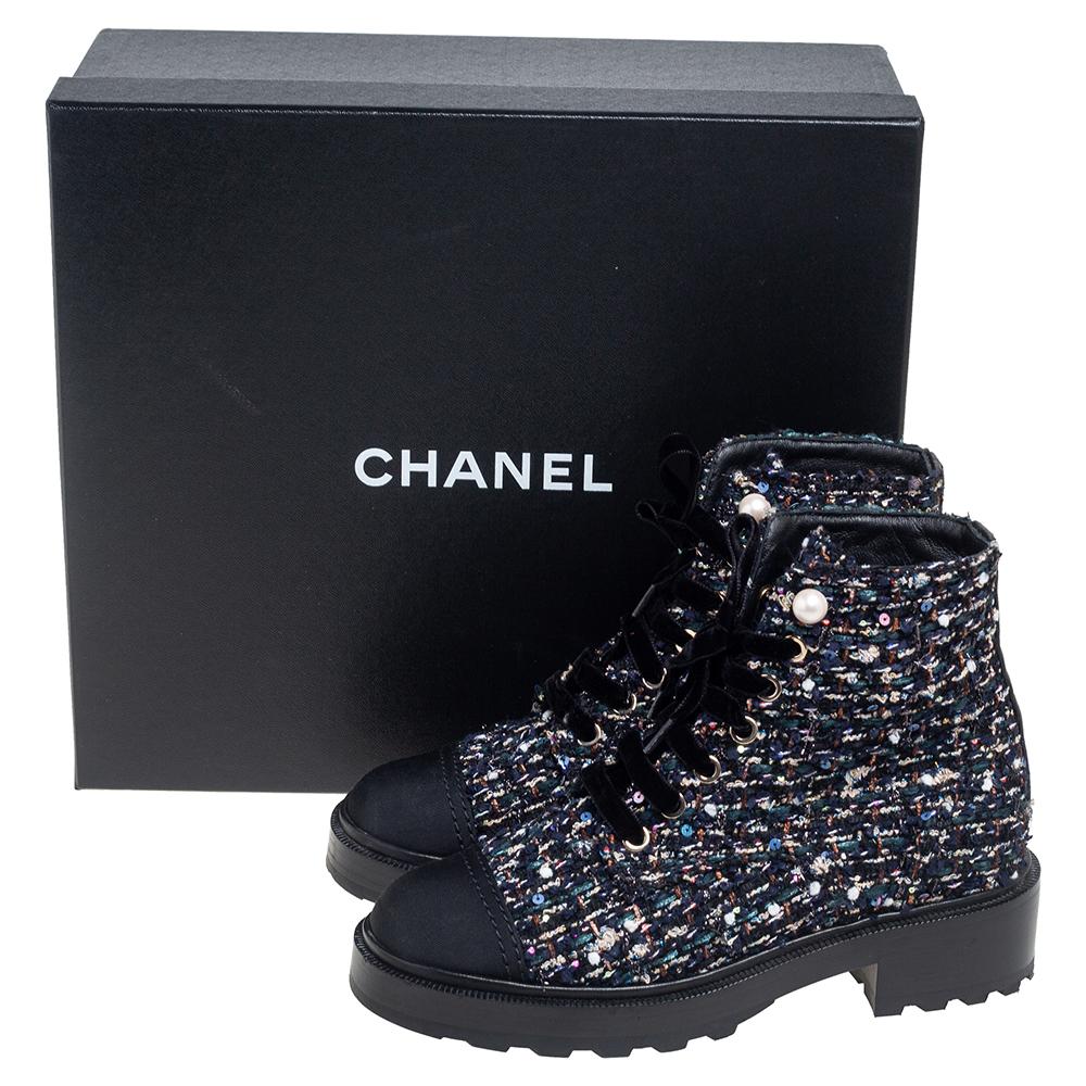 Women's Chanel Multicolor Tweed Fabric And Canvas Ankle Boots Size 36