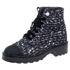 Chanel Multicolor Tweed Fabric And Canvas Ankle Boots Size 36