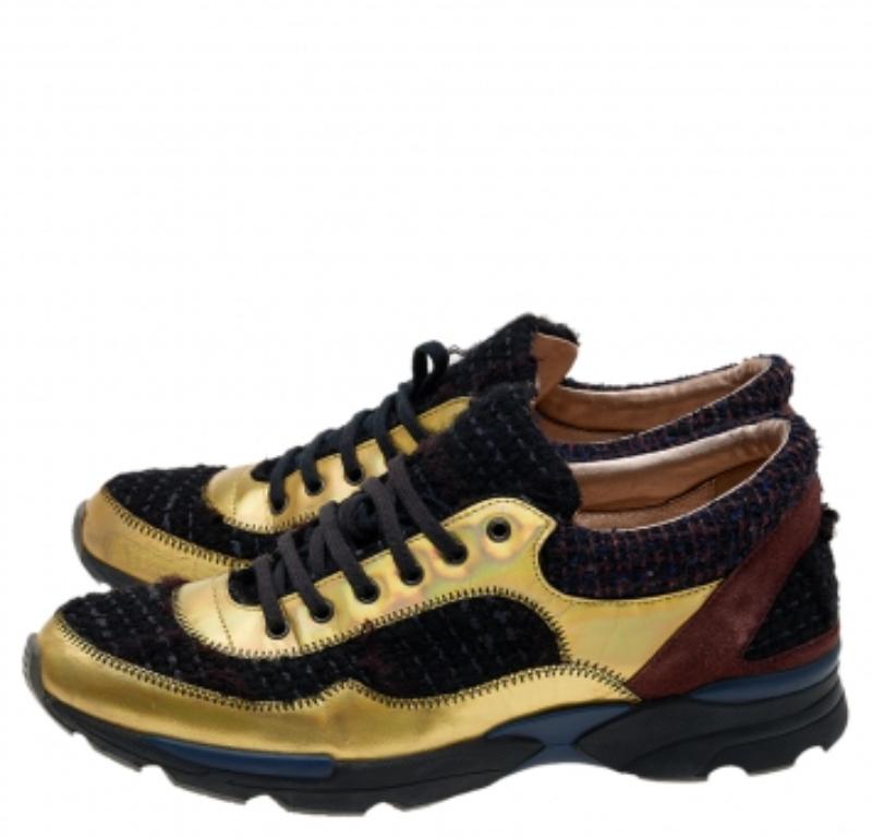 Chanel Multicolor Tweed Fabric And Leather CC Lace Up Sneakers Size 38. For Sale 1