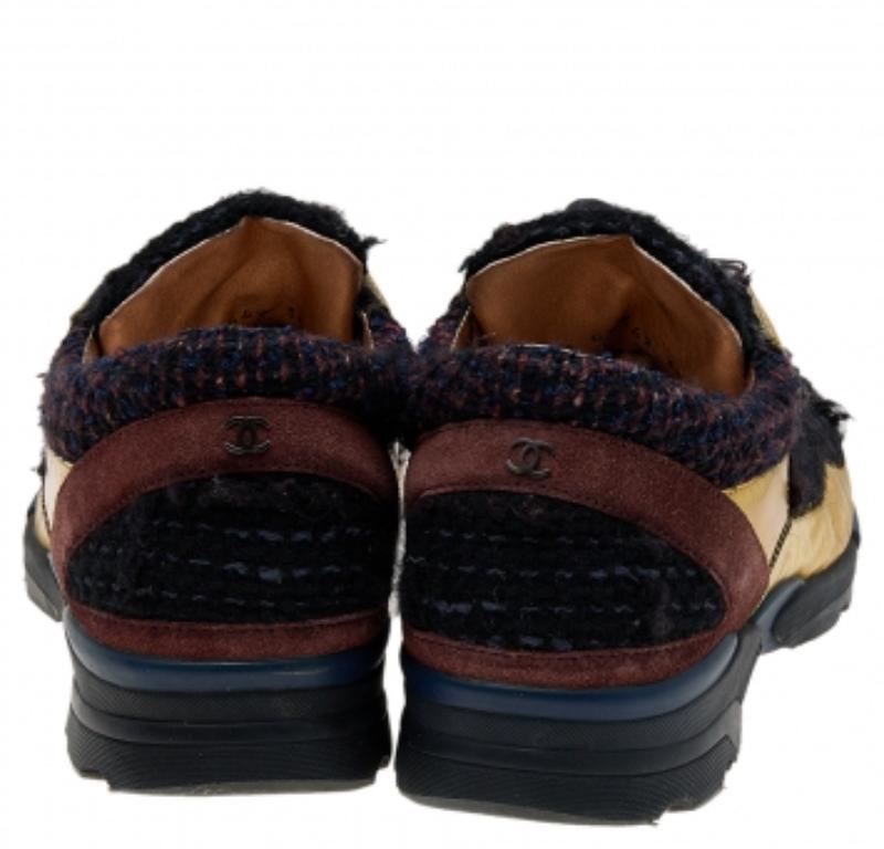 Chanel Multicolor Tweed Fabric And Leather CC Lace Up Sneakers Size 38. For Sale 2