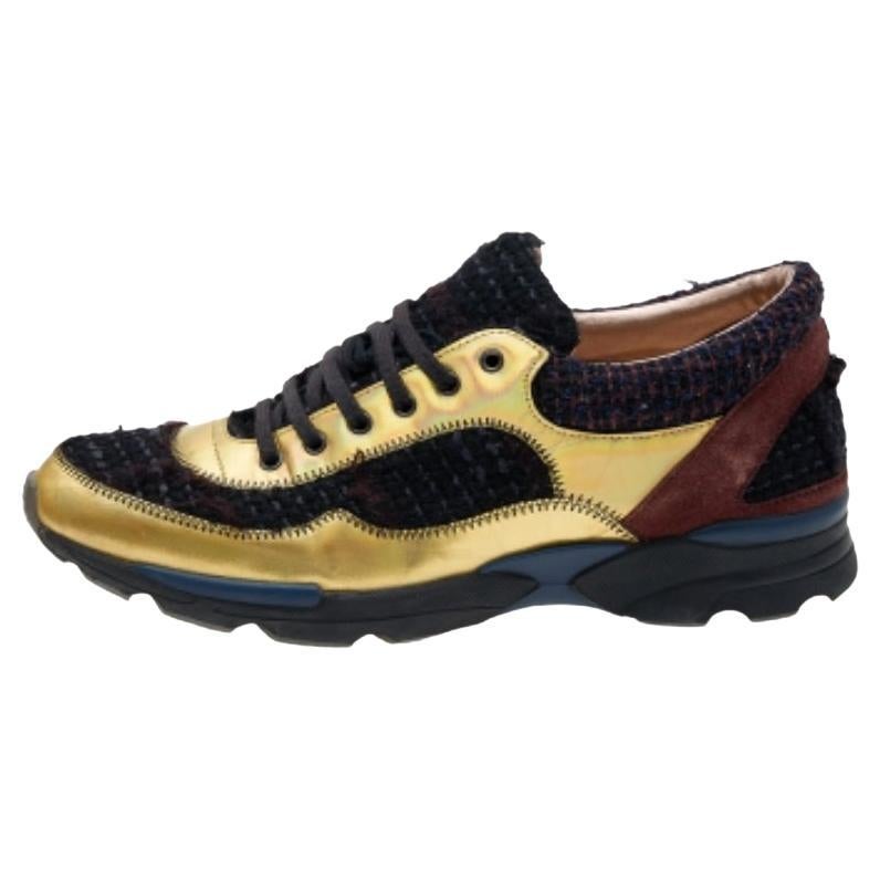 Chanel Zapatillas con cordones CC de tela y piel de tweed multicolor talla 38.