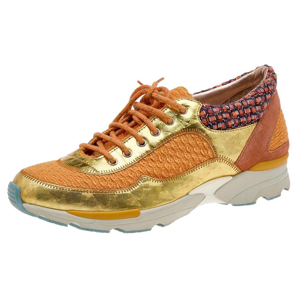 Chanel Multicolor Tweed Fabric And Patent Leather CC Lace Up Sneakers Size 38