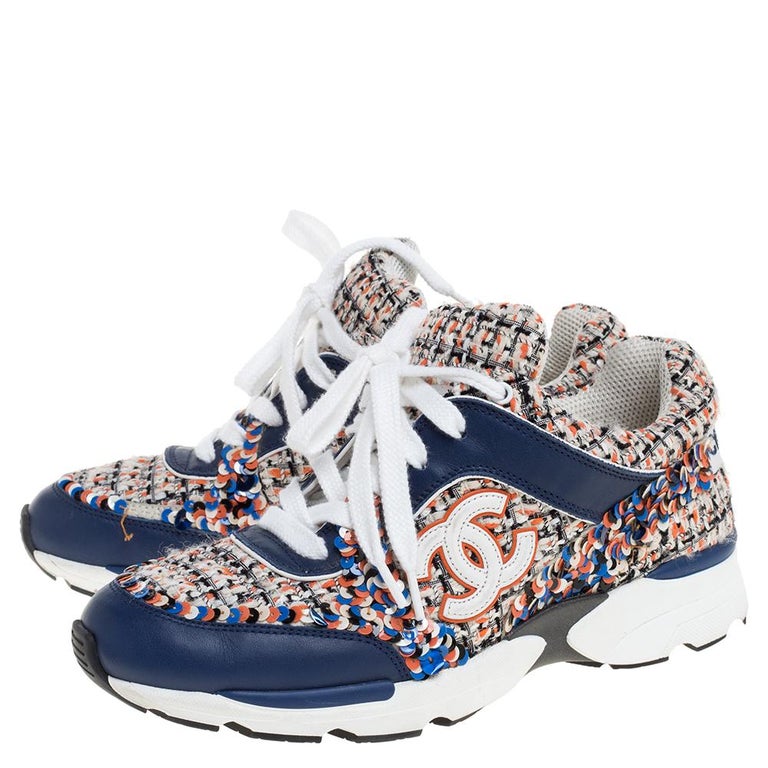 Chanel Multicolor Tweed/Leather and Sequins Low Top CC Sneakers Size 35