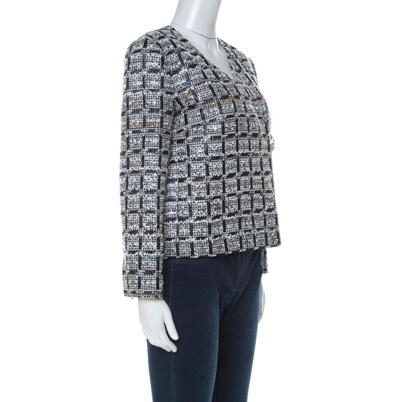 Chanel Multicolor Tweed Silver Closure Detail Fold Over Jacket M In Excellent Condition In Dubai, Al Qouz 2