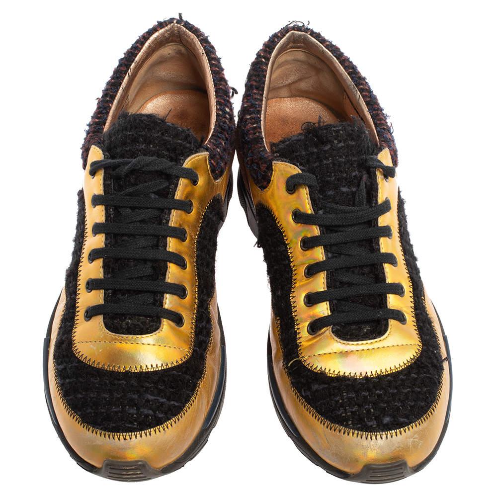 Black Chanel Multicolor Tweed, Suede and Metallic Leather Lace Up Sneakers Size 38