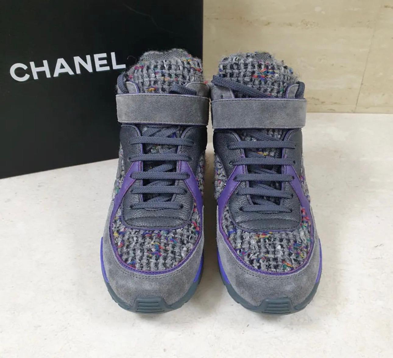 Women's Chanel Multicolor Tweed Suede Hi Top Sneakers Size 