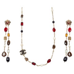 Chanel Multicolour Glass Beads & Faux Pearl Byzantine Long Necklace and Earrings