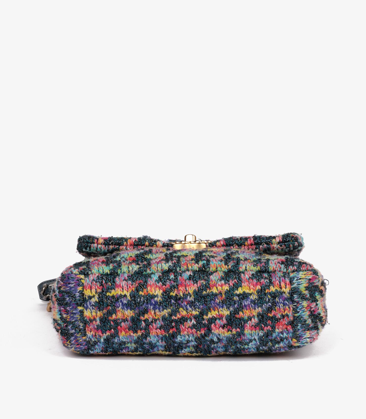 Black Chanel Multicolour Rainbow Quilted Tweed Fabric & Blue Calfskin Leather Small 19