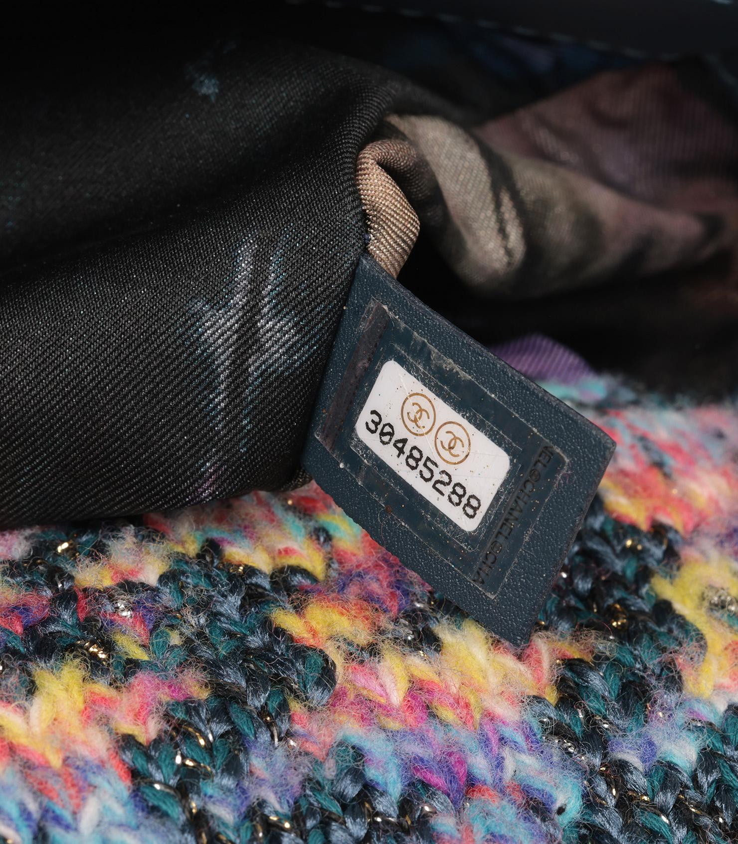 Chanel Multicolour Rainbow Quilted Tweed Fabric & Blue Calfskin Leather Small 19 In Excellent Condition In Bishop's Stortford, Hertfordshire