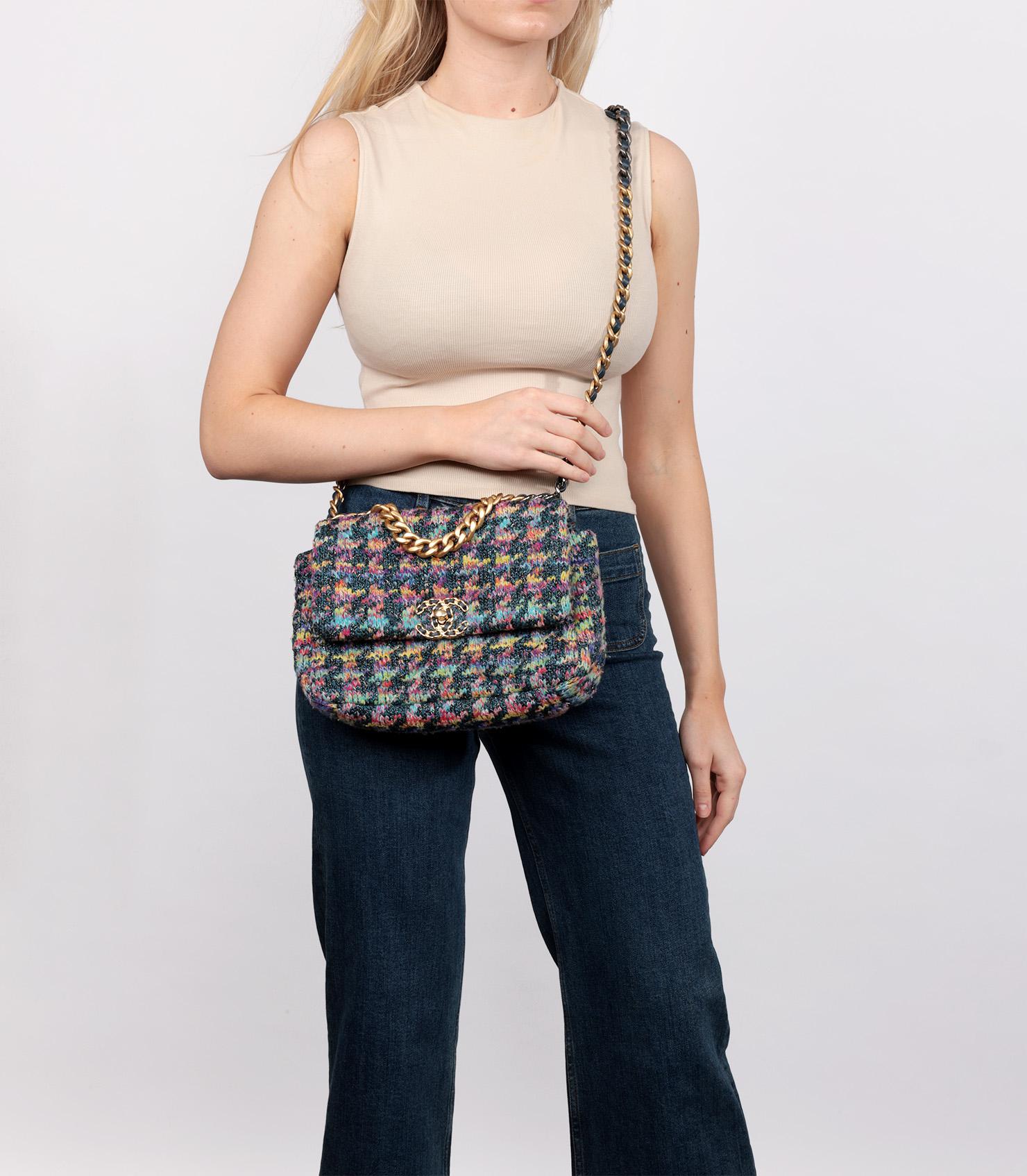 Chanel Multicolour Rainbow Quilted Tweed Fabric & Blue Calfskin Leather Small 19 3
