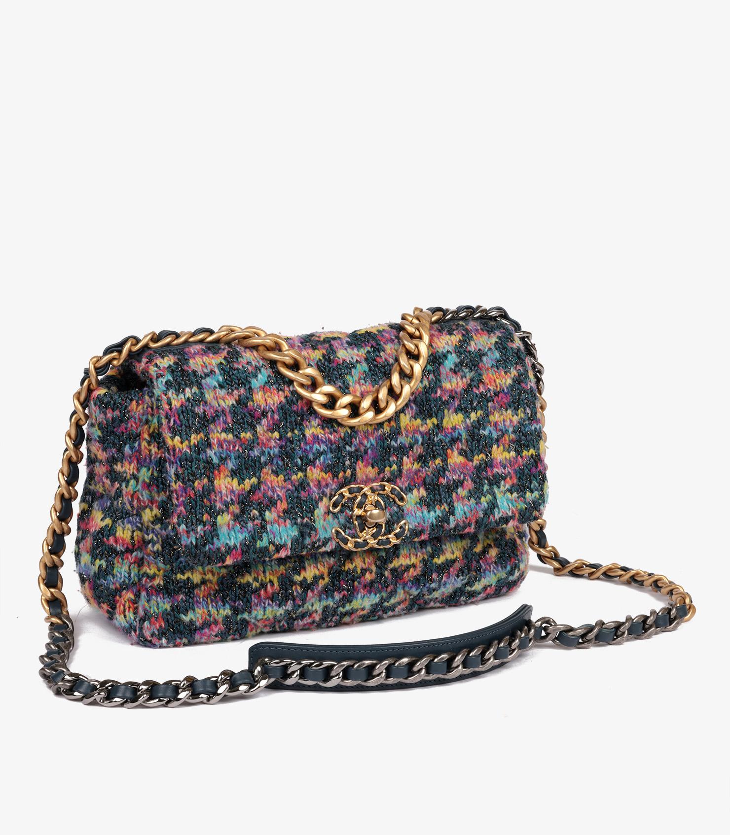 Chanel Multicolour Rainbow Quilted Tweed Fabric & Blue Calfskin Leather Small 19 4
