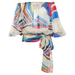 Chanel Multicolour Silk Plisse Stripes Print Tie Up Blouse M